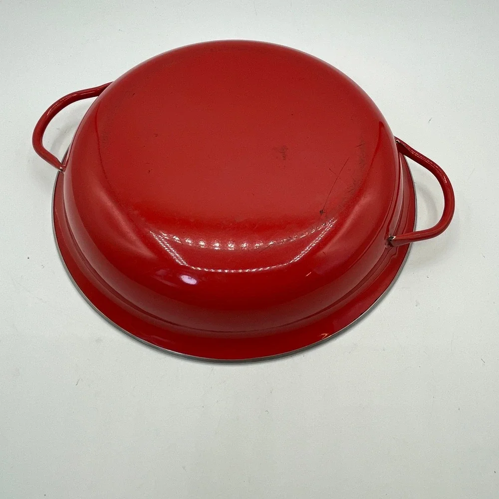 Vintage McM Red Enamel Paella Pan Round Shallow Saute‎ Dish  Duel Handles 9 Inch